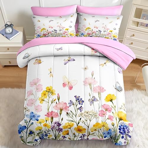 Miniatura 10 de Nesker Juego de edredón de primavera de 7 piezas, tamaño King, juego de ropa de cama de mariposas florales para niños y adultos, juegos de sábanas