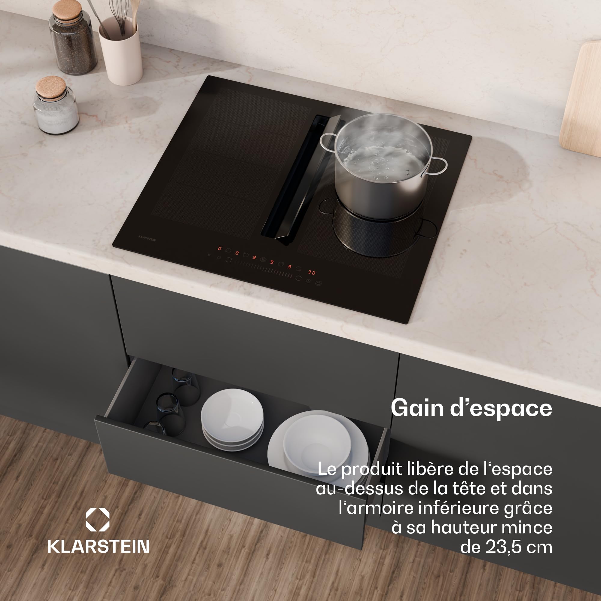 Klarstein Chef-Fusion indukčná varná doska s digestorom - 60 cm, 600 m³/h, 6400 W, flexi zóna, energetická účinnosť A, dotykové ovládanie, úspora miesta, čierna, indukčná varná doska