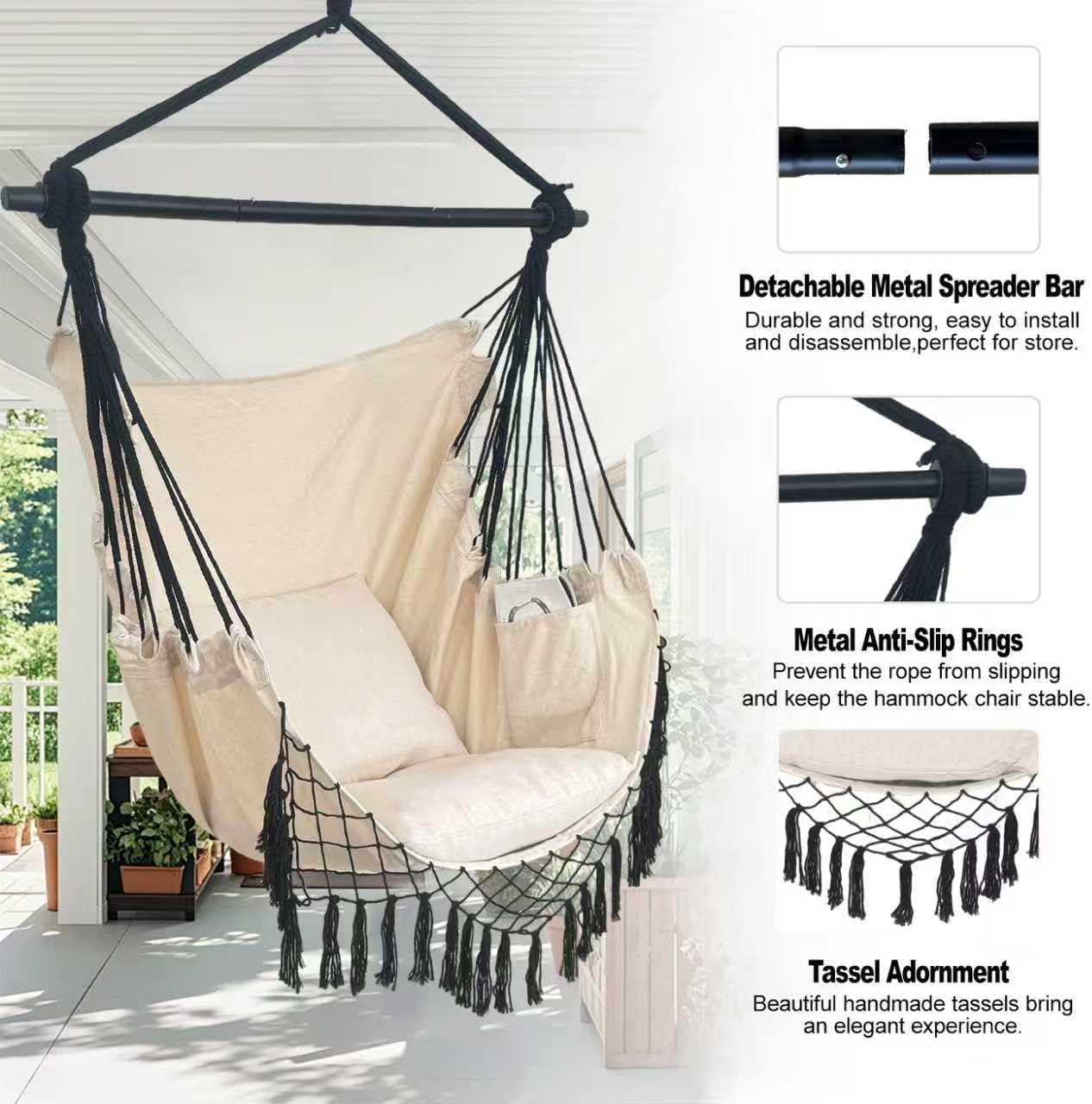 Hammock Chair Hanging Rope Swing Chair,Max 450 Lbs, Large Hanging Chair with Pocket, 2 Cushions, Removable Steel Bar, Hardware Kit Included, Sturdy and Comfortable for Indoor Outdoor (Beige)