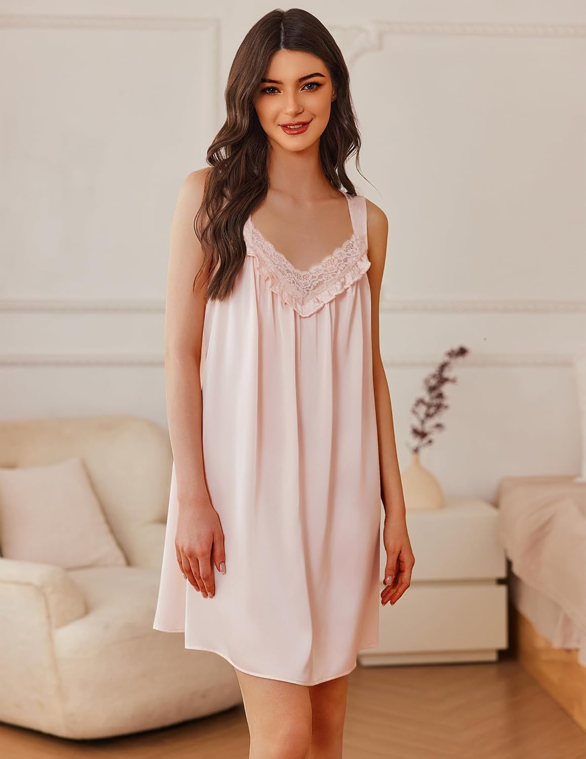 Ekouaer Women's Satin Silk Nightgown V Neck Sexy Nightdress Tank Sleeveless Sleepshirt Lace Sleep Dress Nightwear S-XXXL - Image 3