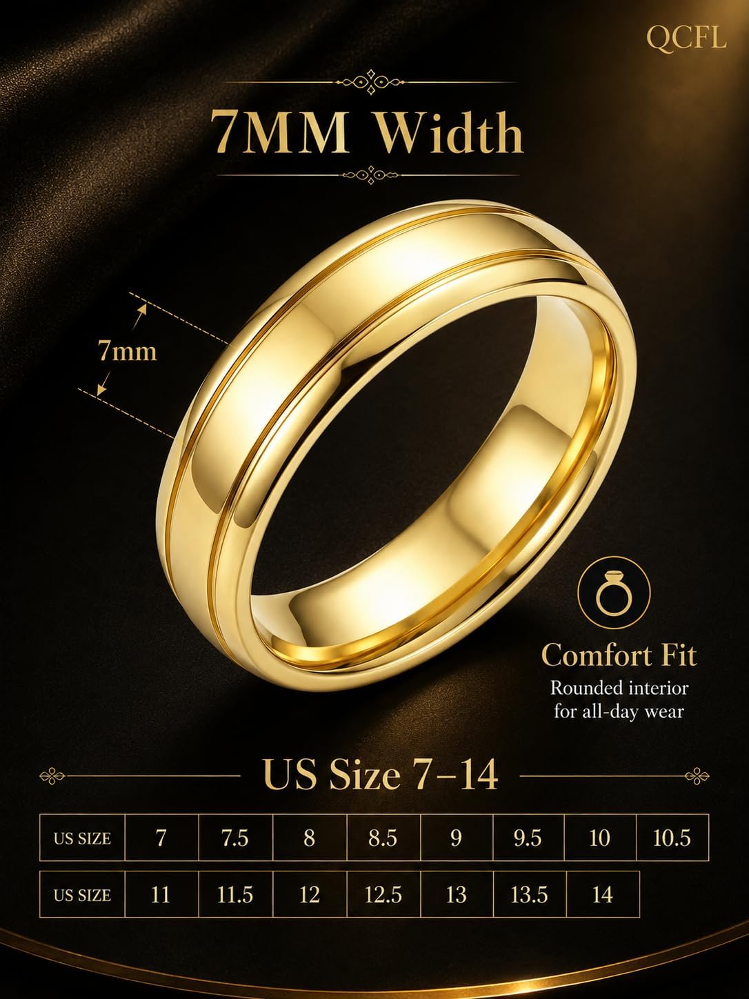 14K Gold Rings for Men, 7MM Wedding Bands, Men's Gold Ring Size 7-14