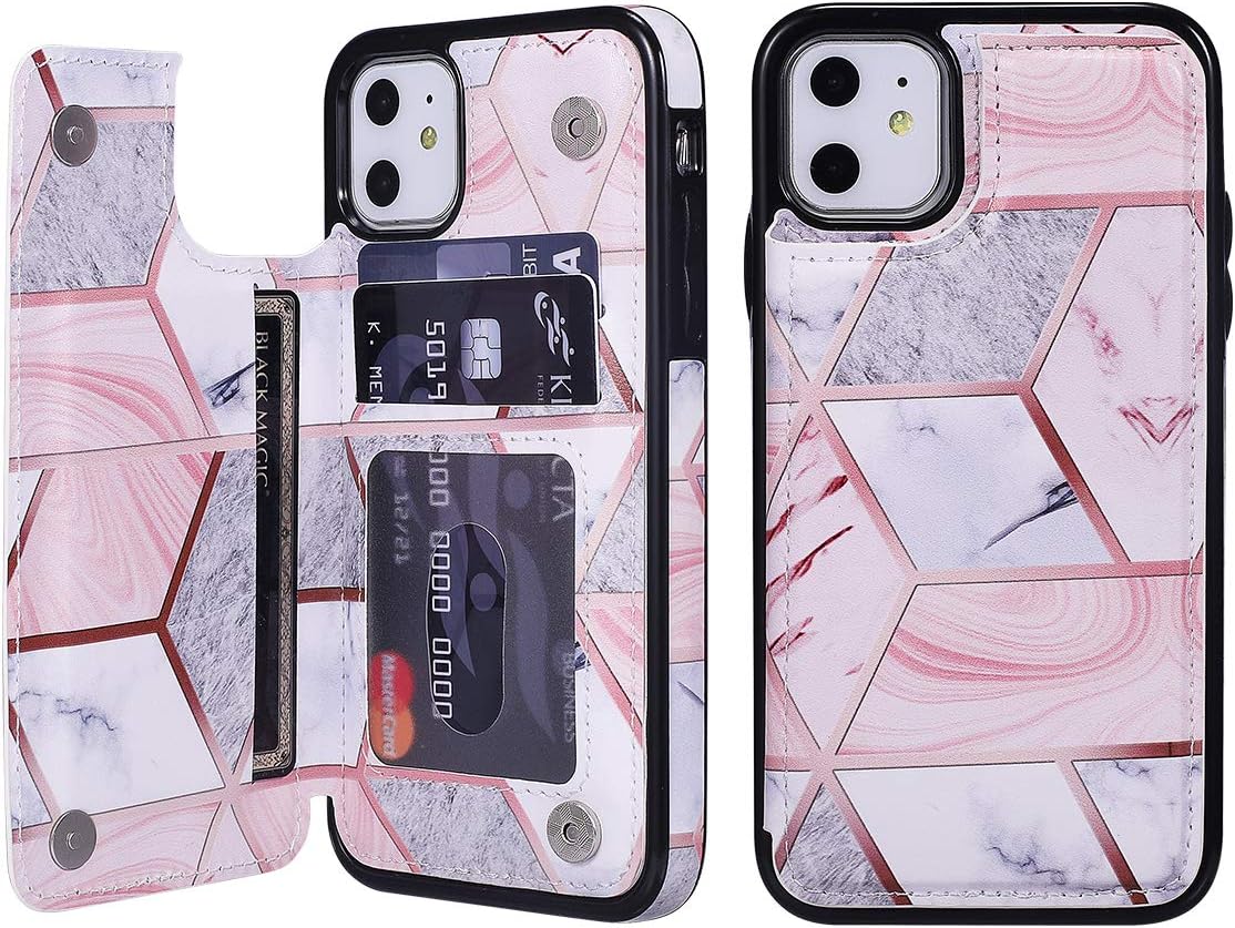 UEEBAI Case for iPhone 11 Pro 5.8", Premium PU Leather Case Geometric Marble Pattern Back Wallet Cover [Two Magnetic Clasp] [Card Slots] Stand Function Durable Shockproof Soft TPU Case - Grey & Pink