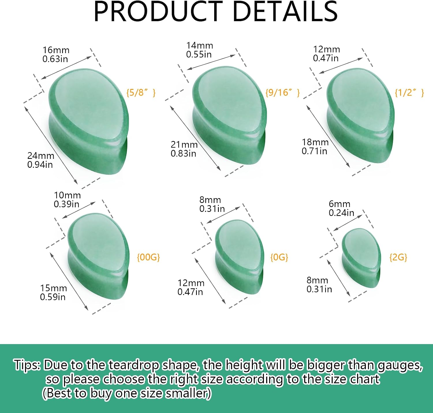 Natural Stone Ear Plug Stretching Gauges Kit, 8Pcs Mixed 6G-16G Drop-Shaped Ear Gauges Plugs Unisex Earrings Body Piercing Jewelry