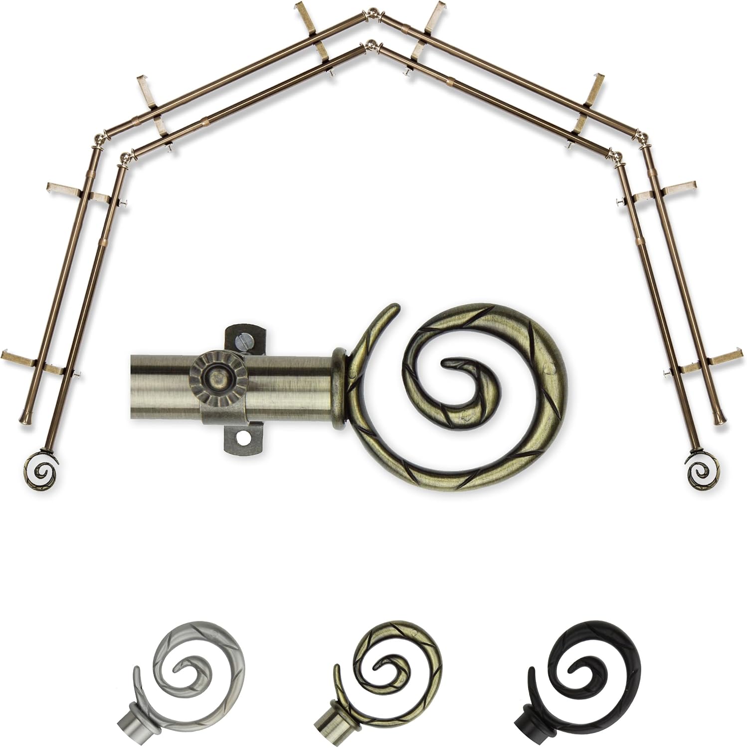 A&F Rod Décor - Whirlwind 13/16" 4-Sided Double Bay Window Curtain Rod - Antique Brass