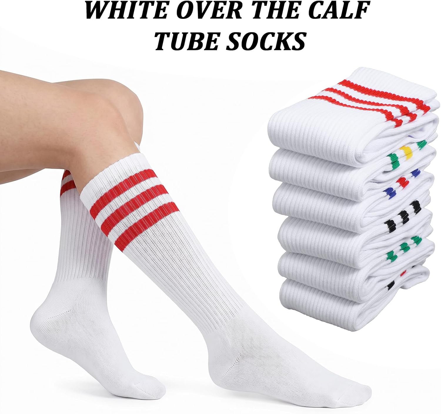 MAQUITA 6 Pairs Striped Tube Sock Knee High Socks for Men, Retro Athletic Cotton Long Socks, Size 10-13, Multi-Color Pack (9.06" Sole, 11.02" Tube)