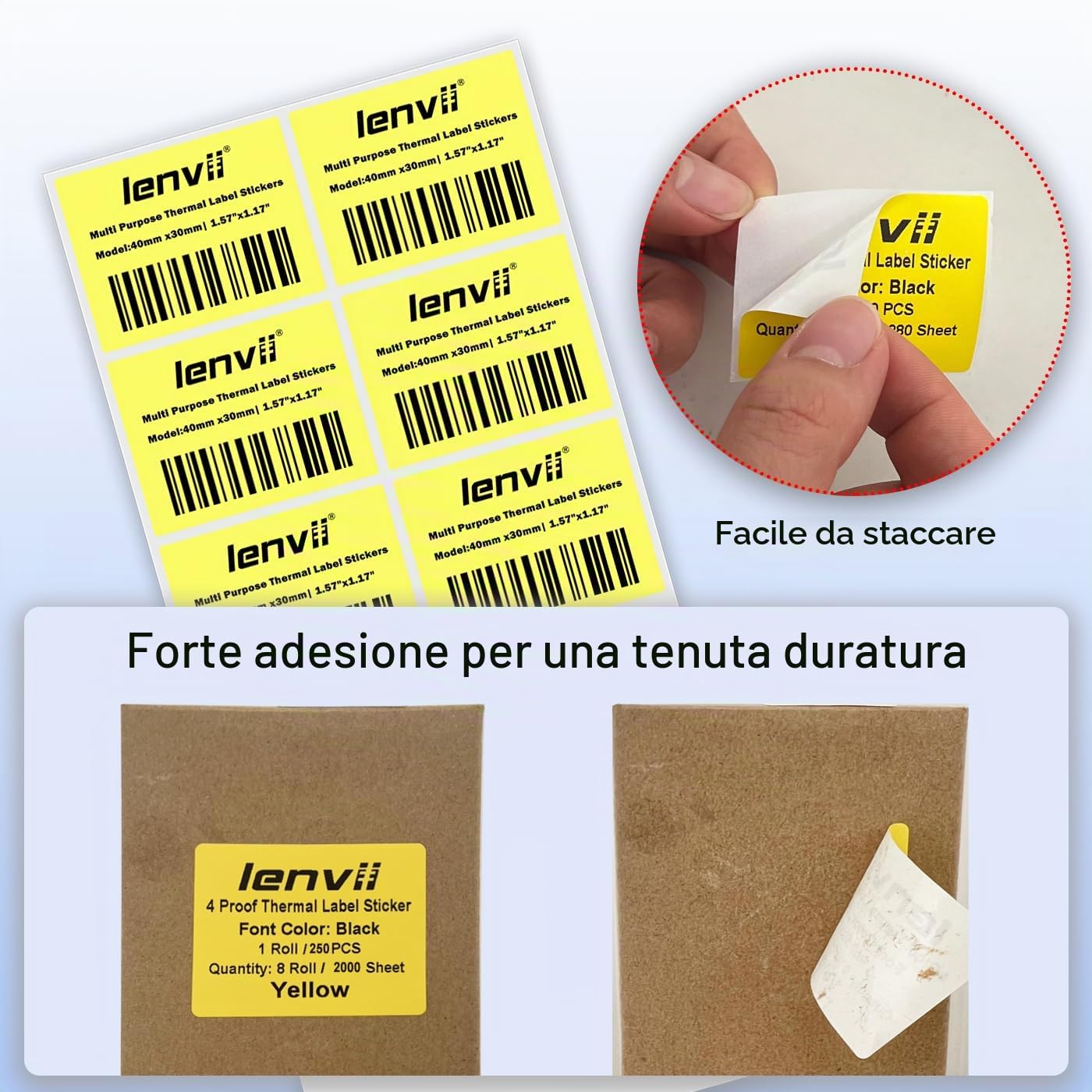 LENVII 40x30mm Giallo Etichette Termiche,2000 Fogli, per Stampanti Termiche | 8 Rotoli × 250 Pezzi, Resistenti a Strappi, Acqua,Olio,Graffi Etichette Adesive Multiuso per casa, Stampa nitida e scrivibile