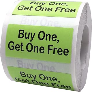 Hot Green with Black Text Buy One, Get One Free Rectangle Stickers, 3/4 x 1.5 Inches in Size, 500 Labels on a Roll for Promotions and Retail - Made in The USA