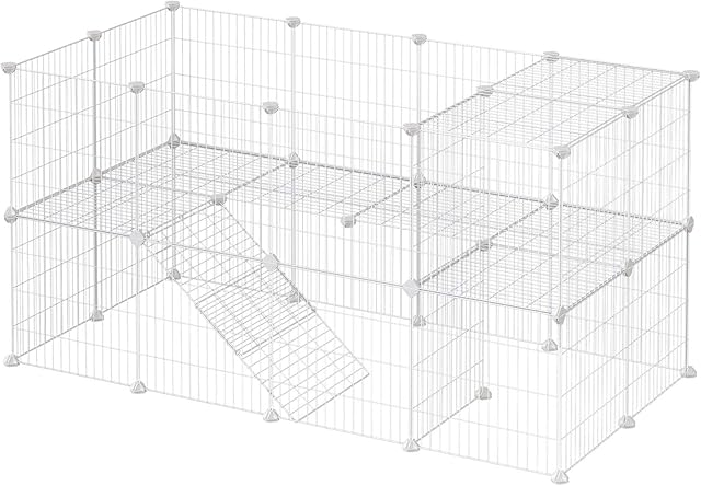 SONGMICS 2-Floor Metal Pet Playpen, 36 Grid Panels, Customisable Cage Enclosure for Small Animals, Guinea Pigs Hamster Runs, Rabbit Hutches, Includes Mallet, Indoor Use, 143 x 73 x 71 cm, White LPI02W