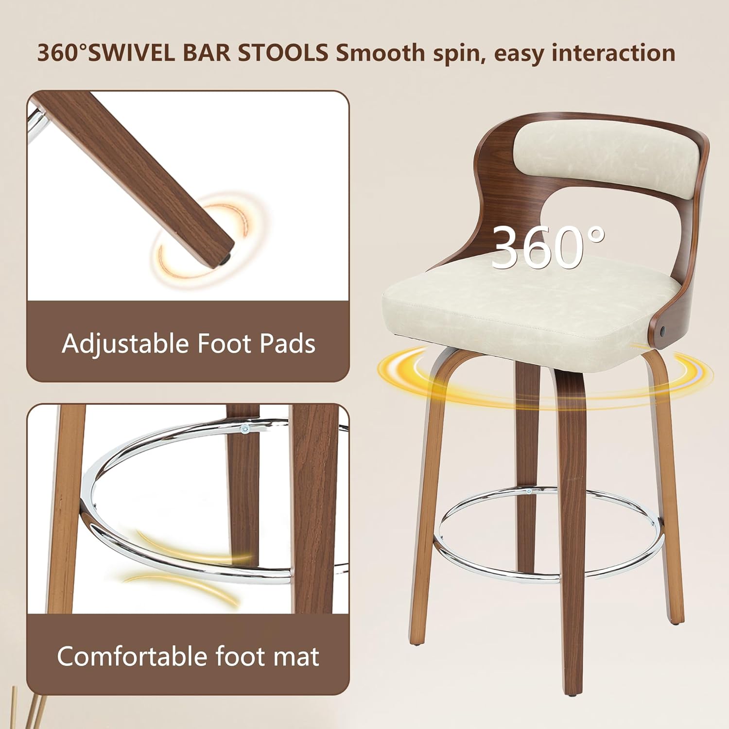 Swivel Bar Stools Set of 4, 26" Counter Height Bar Stools, Mid-Century Modern PU Leather Modern Island Chairs with Back and Footrest, for Kitchen, Bar, Restaurant, Cafe (Beige Gray)