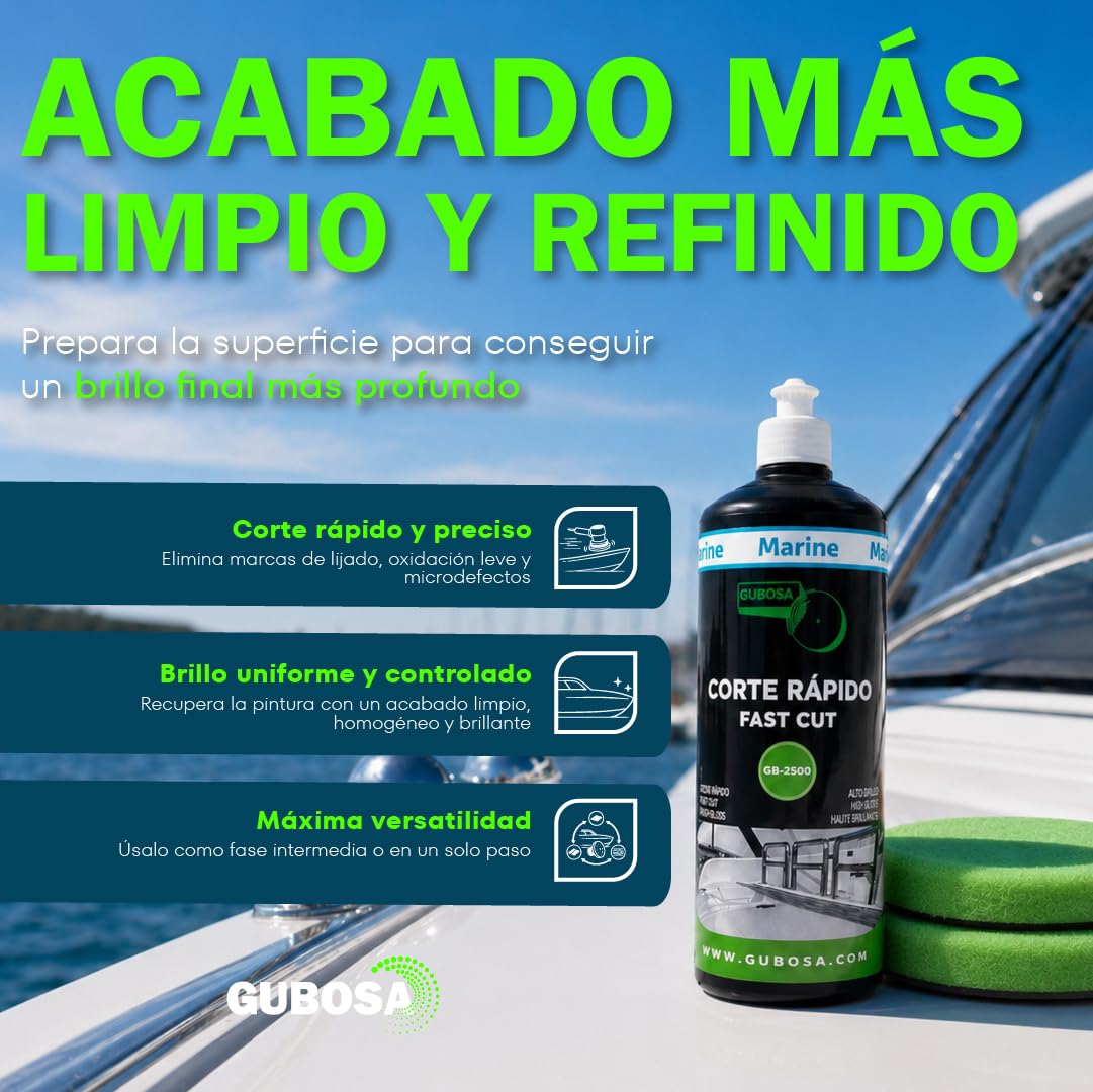 Pulimento nautico corte rapido gelcoat eliminador de oxido metal quita oxido abrillantador barco para pulidora restaurador pintura nautica cascos cubiertas kit botella 1L + pad 180mm | GUBOSA