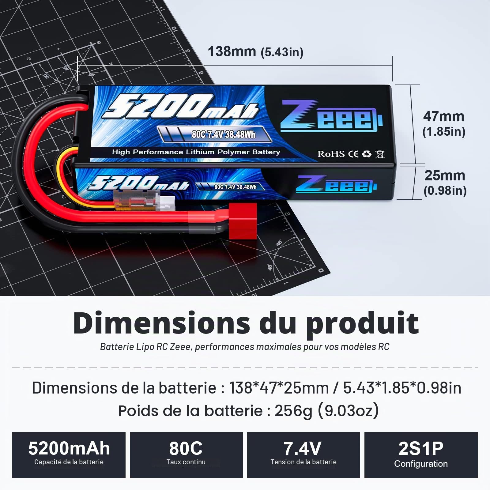 Zeee 2s lipo Batterie 5200mAh 7,4V 80C RC Batterie, avec connecteur Deans T Fiche, pour RC Evader BX Auto Car Truck LKW Truggy RC Hobby (2 Paquets)
