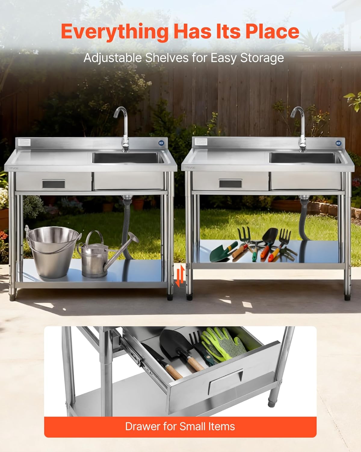 VEVOR Stainless Steel Utility Sink, Free Standing Single Bowl Commercial Kitchen Sink with Drawer, Faucet and Hot & Cold Water Pipe, Utility Basin for Garage Restaurant Laundry, 39.4 x 19.7 x 37 in