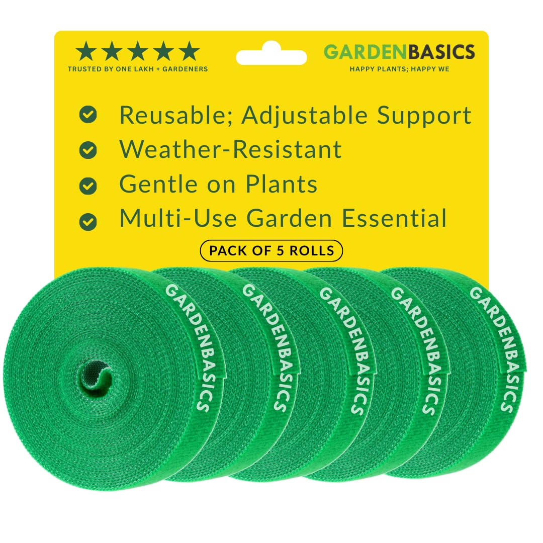 GARDENBASICS Plant Ties; Reusable, Adjustable, Gentle Plants Supports for Effective Growing; Multi-Use Support Tie Tape for Gardening, Wire Organizer, Cable Management (1 MTR x 12 MM - 5 Roll) Green