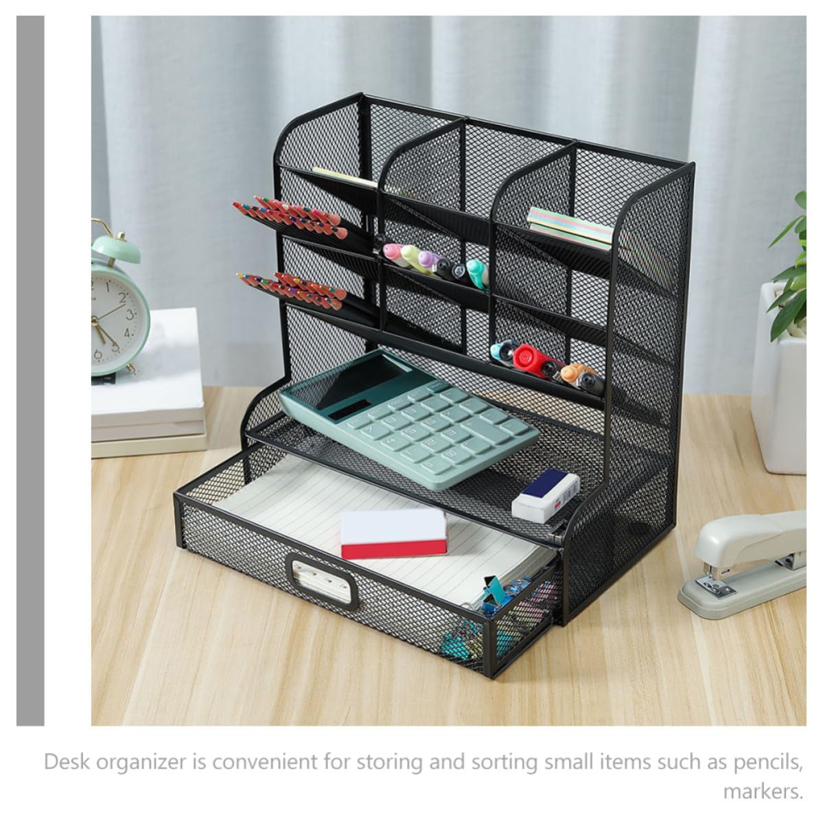 CLISPEED Metallener Schreibtisch Stiftehalter Organizer mit Glatten Kanten und Neun Fächern zur Aufbewahrung von Bürobedarf und Künstlerbedarf für Küchen und Klassenzimmer in Schwarz