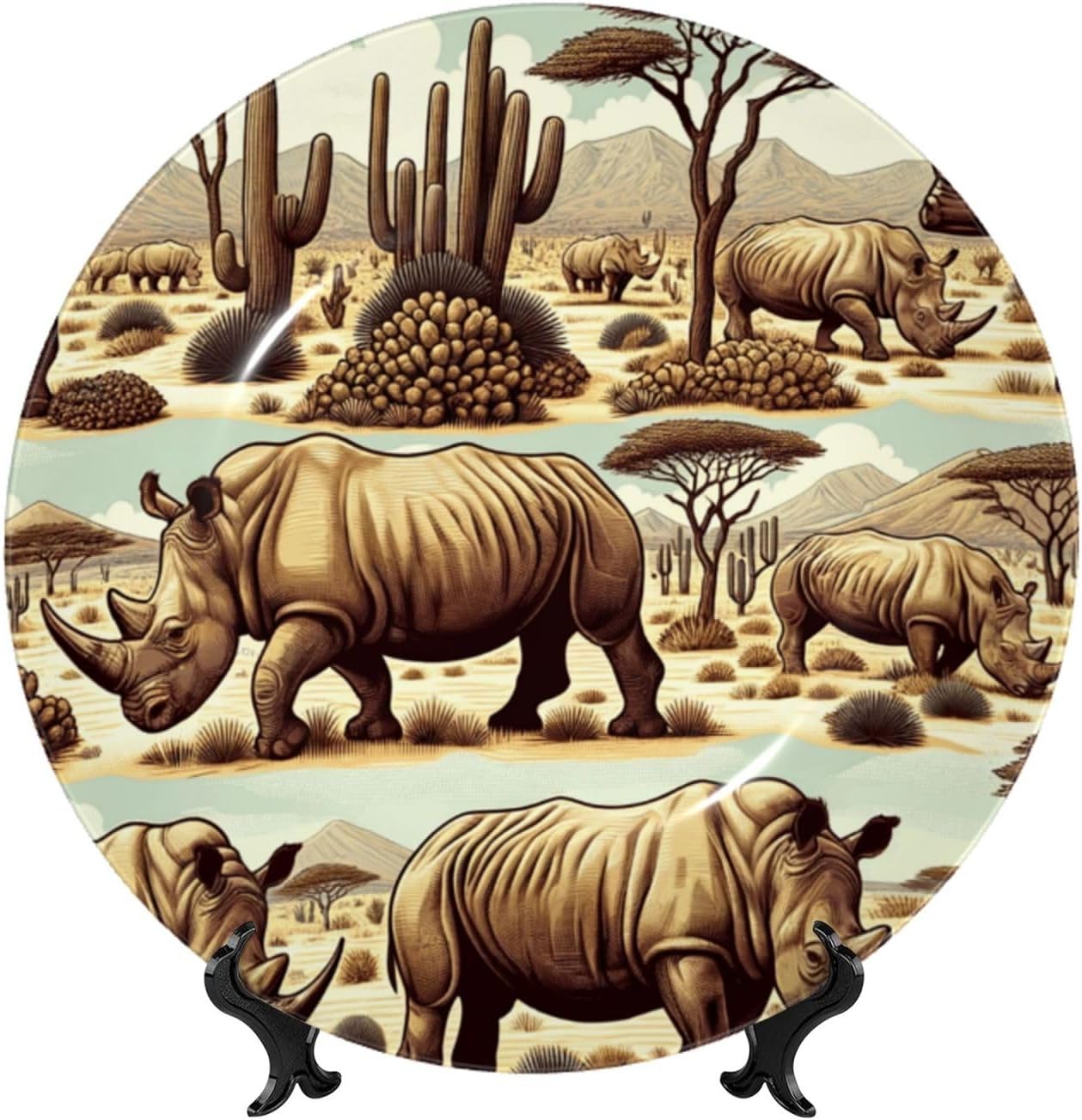 Endangered-Rhino-Desert 10 Inch Decorative Plate With Stand, Elegant Display Wall Plate For Home Decor