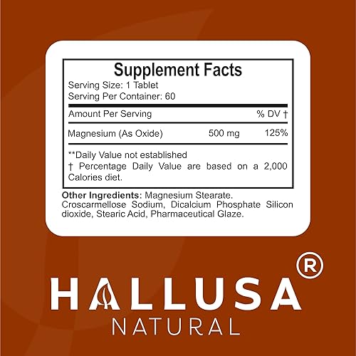 Miniatura 4 de Hallusa Natural Magnesio para calambres en las piernas, magnesio como óxido 500 mg, 60 cápsulas, suministro de 60 días, relajación muscular, alta