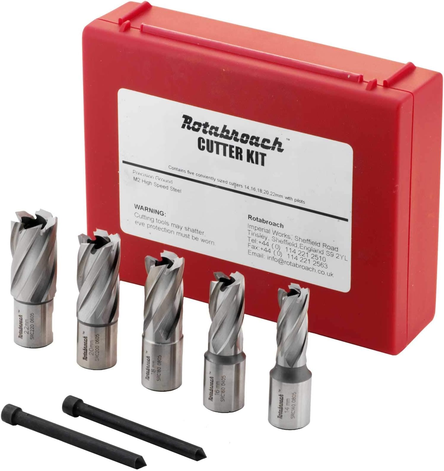 Annular Cutter Set 7pc - RAPK2000 Magnetic Drilling Annular M2AL HSS Steel Cutting Drill Bits 5 piece Kit 14, 16, 18, 20 & 22mm, plus Pilot Pins