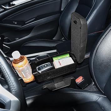 JSCARLIFE Car Armrest Storage Box, Adjustable Central Console Heightening Pad with Cup Holder, PULeather Seat Gap Organizer Elbow and Forearm Wrist Support for Most Vehicles (Black)