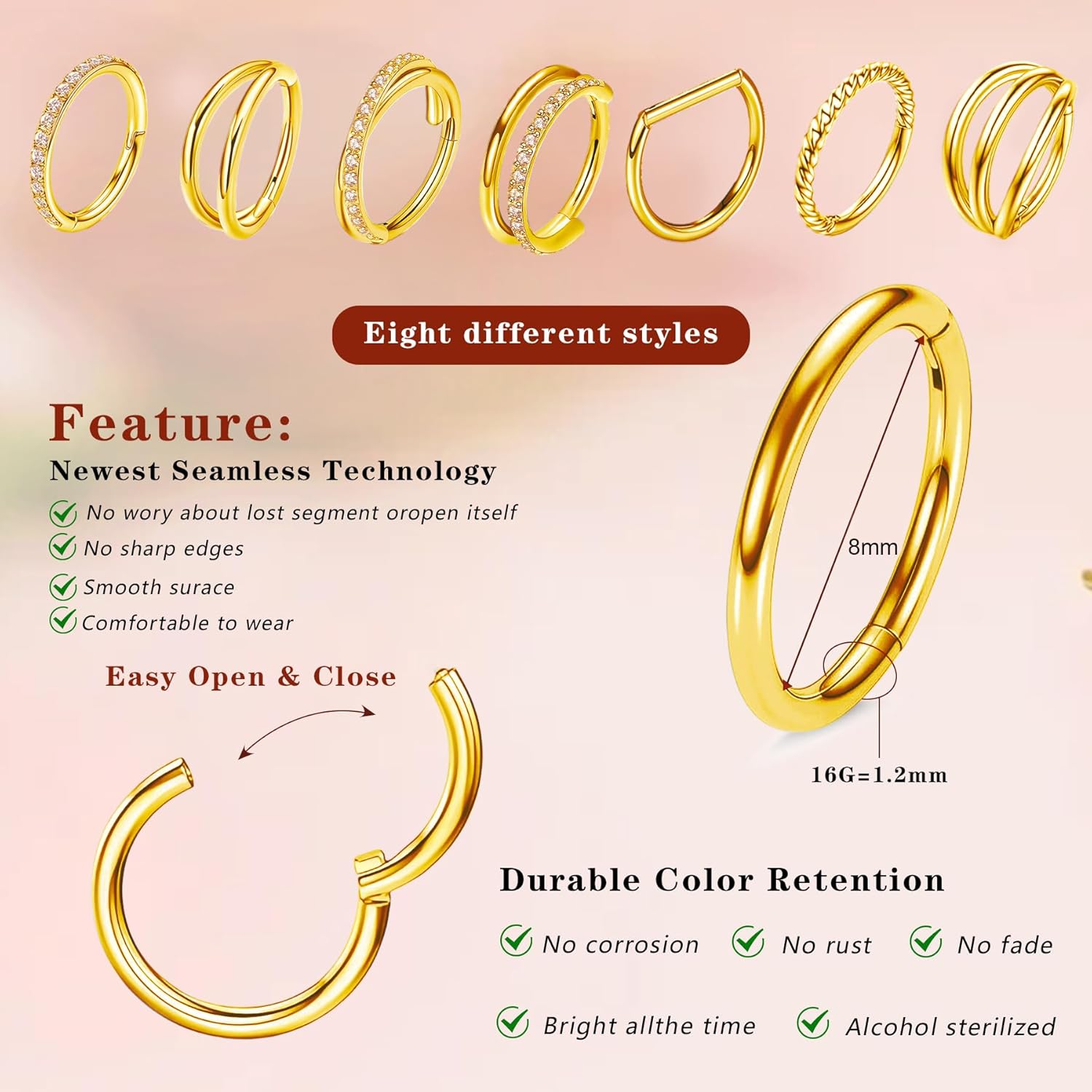 8 Pcs Nose Rings Hoops 316L Surgical Steel Septum Rings CZ Opal Twisted Clicker Nose Rings Hoop Helix Cartilage Daith Tragus Sleeper Earrings Body Piercing for Women Men Silver Gold Hinged Segment Septum jewelry 8mm/10mm - Image 2