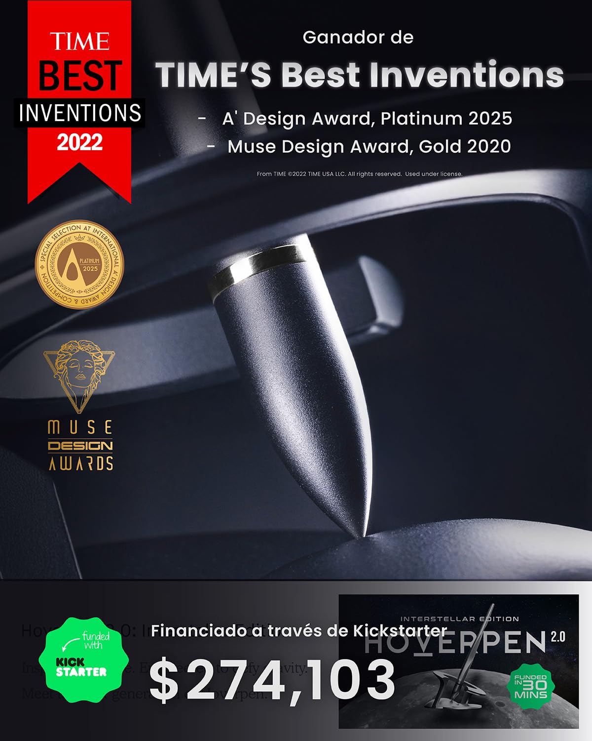 novium Hoverpen Interstellar Edition - Bolígrafo de lujo futurista hecho con aleaciones aeroespaciales, estética única, bolígrafo ejecutivo giratorio gratis, regalos para hombres y mujeres (negro