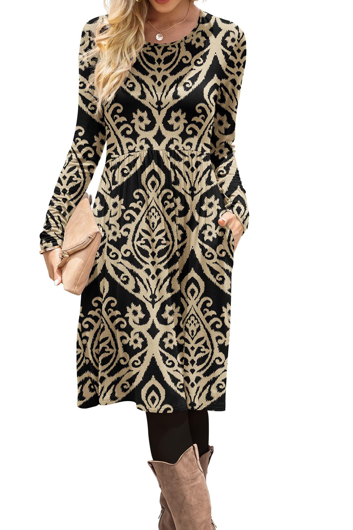 DB MOON Women Casual Long Sleeve Dresses Empire Waist Knee Length Loose Dress with Pockets