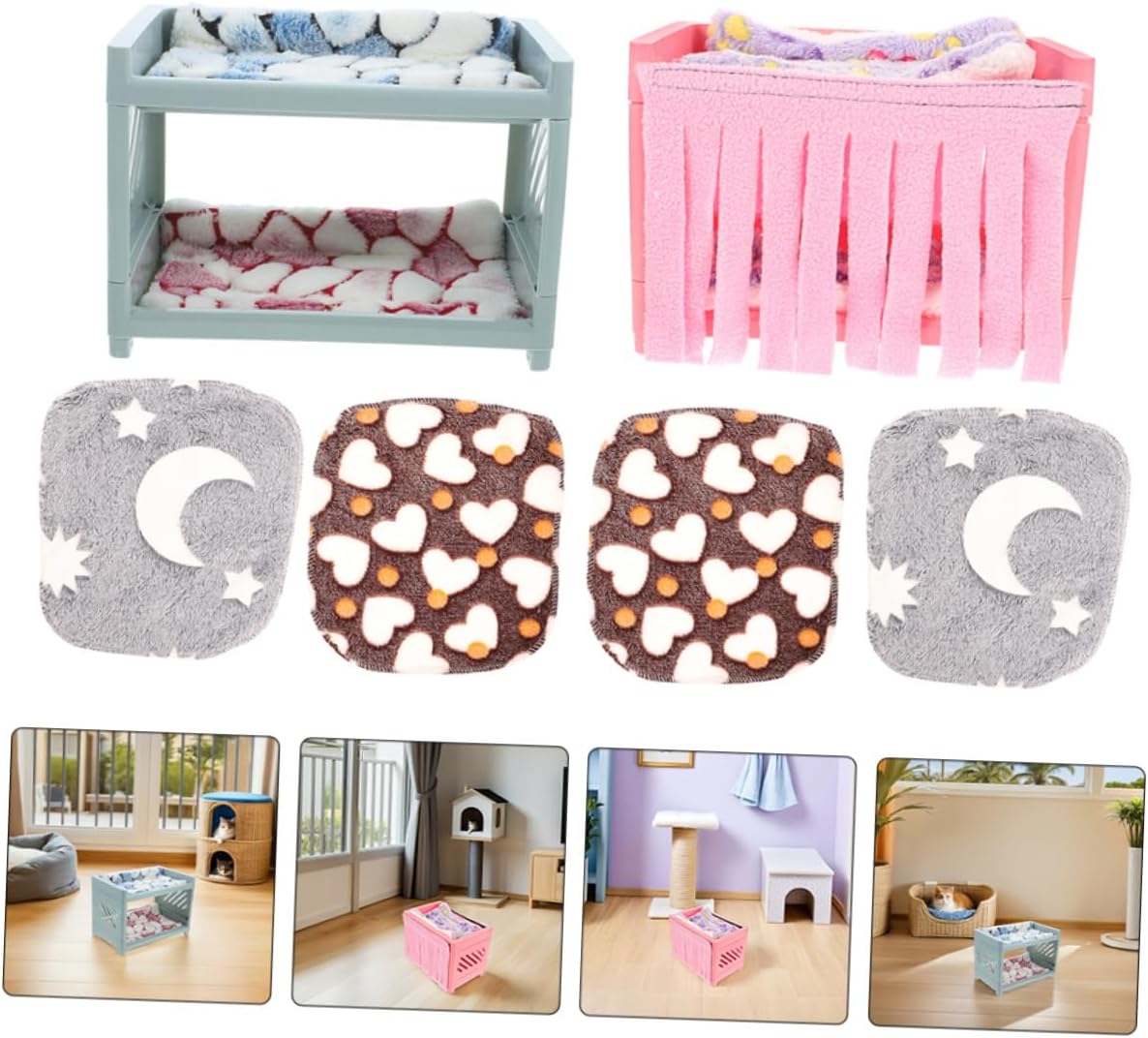 ibasenice 2 Sets Guinea Pig Bunk Bed Small Animal Hideout Nest with Double-Layer Design Includes Mats and Blankets for Hamsters Chinchillas and Rats Random Random Color