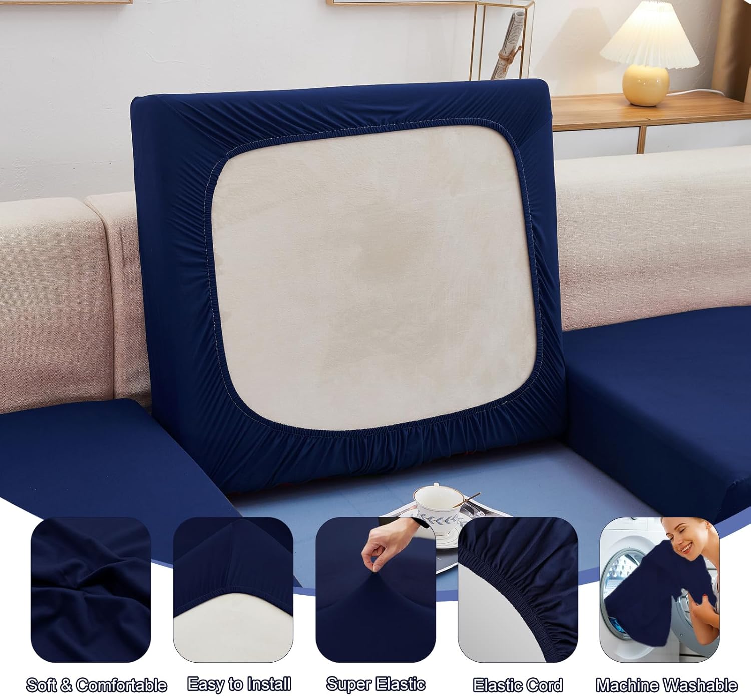 8 Pcs Stretch Patio Sofa Cushion Covers Indoor Outdoor Patio Replacement Furniture Cushions Couch Sofa Slipcovers Seat Cover Soft Flexibility Protector Washable(Cover Only) (Cobalt Blue)