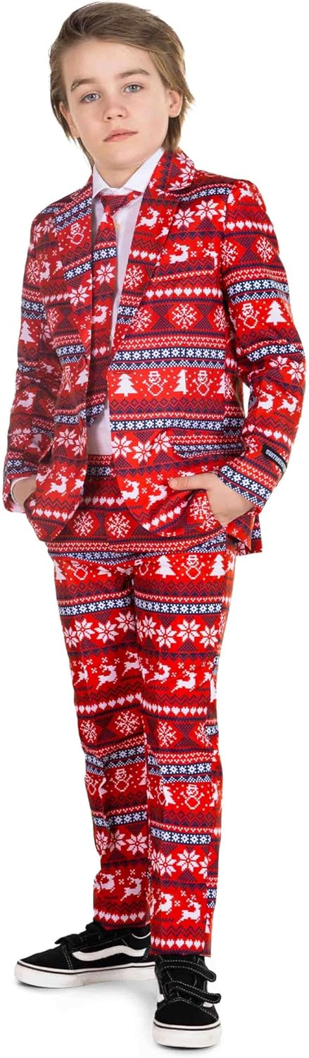 Suitmeister Boys Nordic Pixel Red Suit - Christmas Outfit - Including Blazer, Pants and Tie - Red