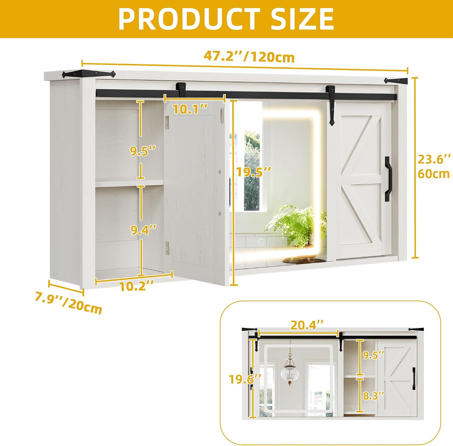 DWVO Medicine Cabinet Mirror, Bathroom Wall Cabinet w/Lights and Sliding Barn Door, Lighted Medicine Cabinet Storage Cabinet for Bathroom with Adjustable Shelf, 3-Color Memory Mode LED, 47" White Oak