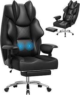 Homall Silla de oficina de masaje grande y alta, silla de escritorio ergonómica reclinable con respaldo alto y reposabrazos acolchados ajustables y reposapiés (cuero, negro)