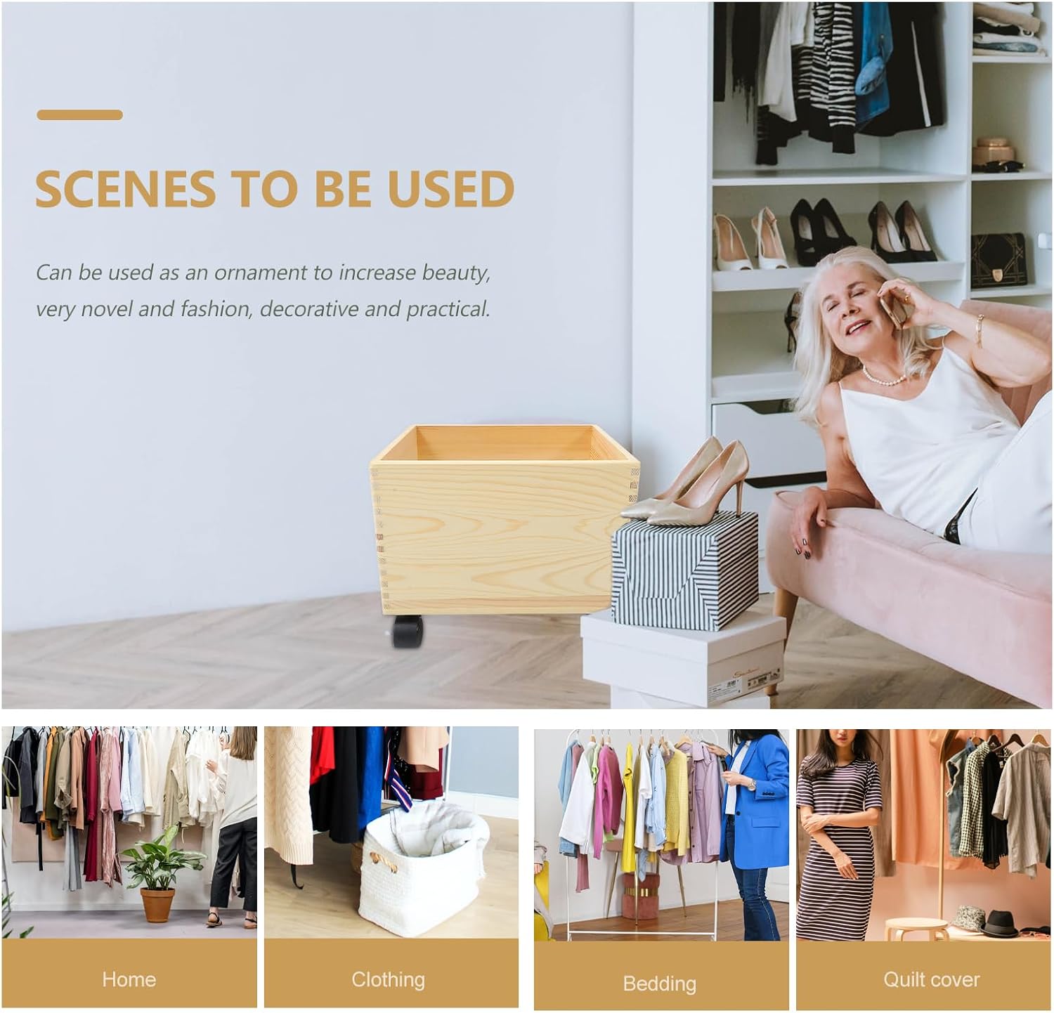 Cabilock Wooden Storage Box with Wheels Multi-Functional Rolling Storage Bin for Home Organization and Toy Holder Portable Sundries Organizer