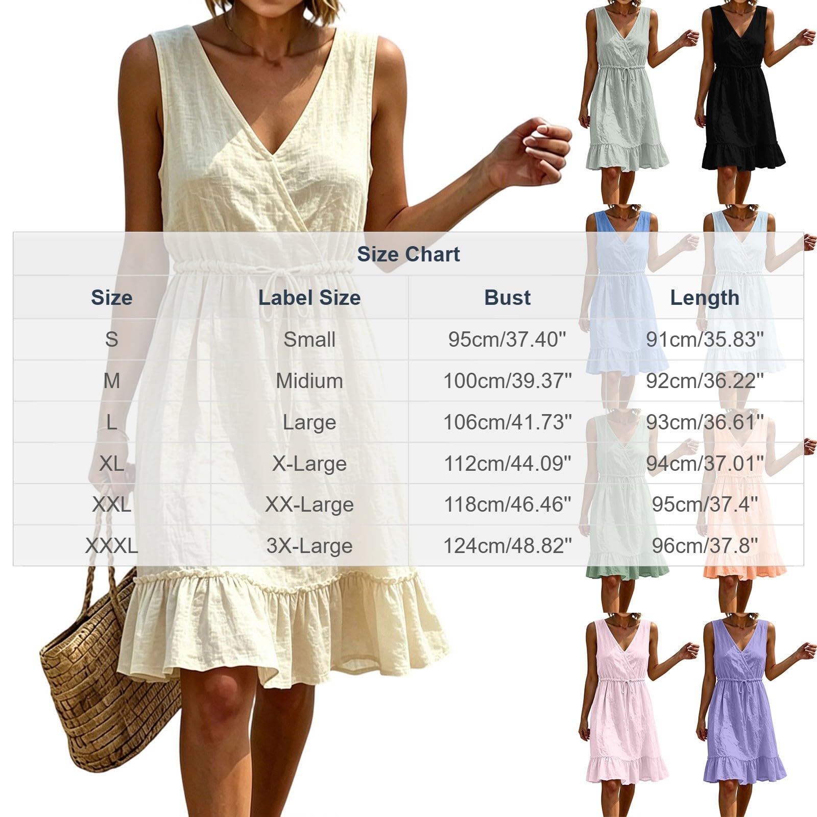 Musselin Kleid Damen, Kurz Leinenkleider Midikleid Strandkleid Luftig Kleider Mit Rüschen Saum Taillenband Ärmellose V-Ausschnitt Trägerkleid Freizeitkleid A Linien Wickelkleid Leichtes Sommerkleid
