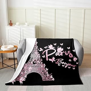 Eiffel Tower Flannel Fleece Throw Blanket Kids,Paris Tower Fuzzy Blanket for Bed Sofa Couch,All Season French Paris Bed Blanket Breathable Pink Butterfly Floral Plush Blanket Room Decor Twin 60