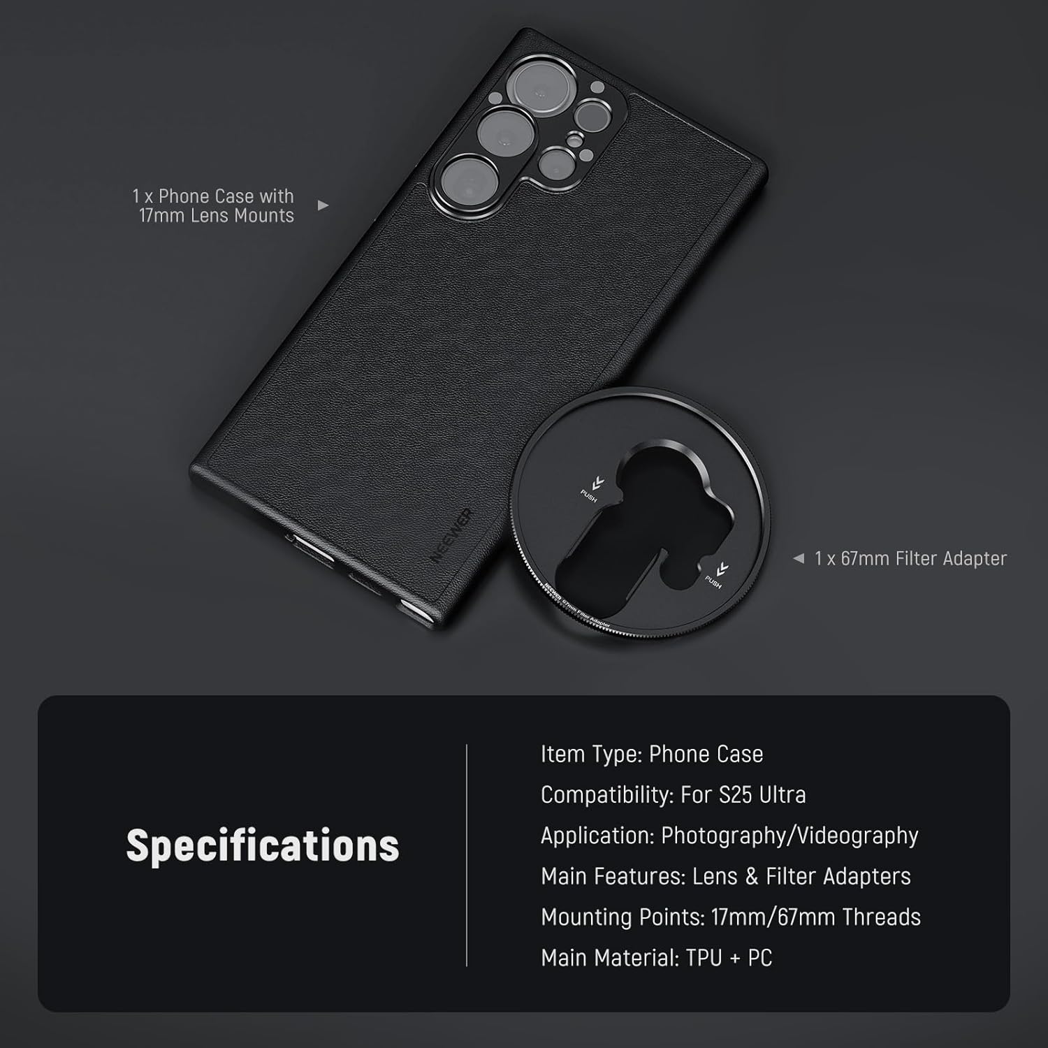 NEEWER S25 Ultra Case, Protective Faux Leather Phone Case with 17mm Lens Mounts & 67mm Filter Adapter for Video Recording, Compatible with Samsung Galaxy S25 Ultra MagSafe Charging, PA092