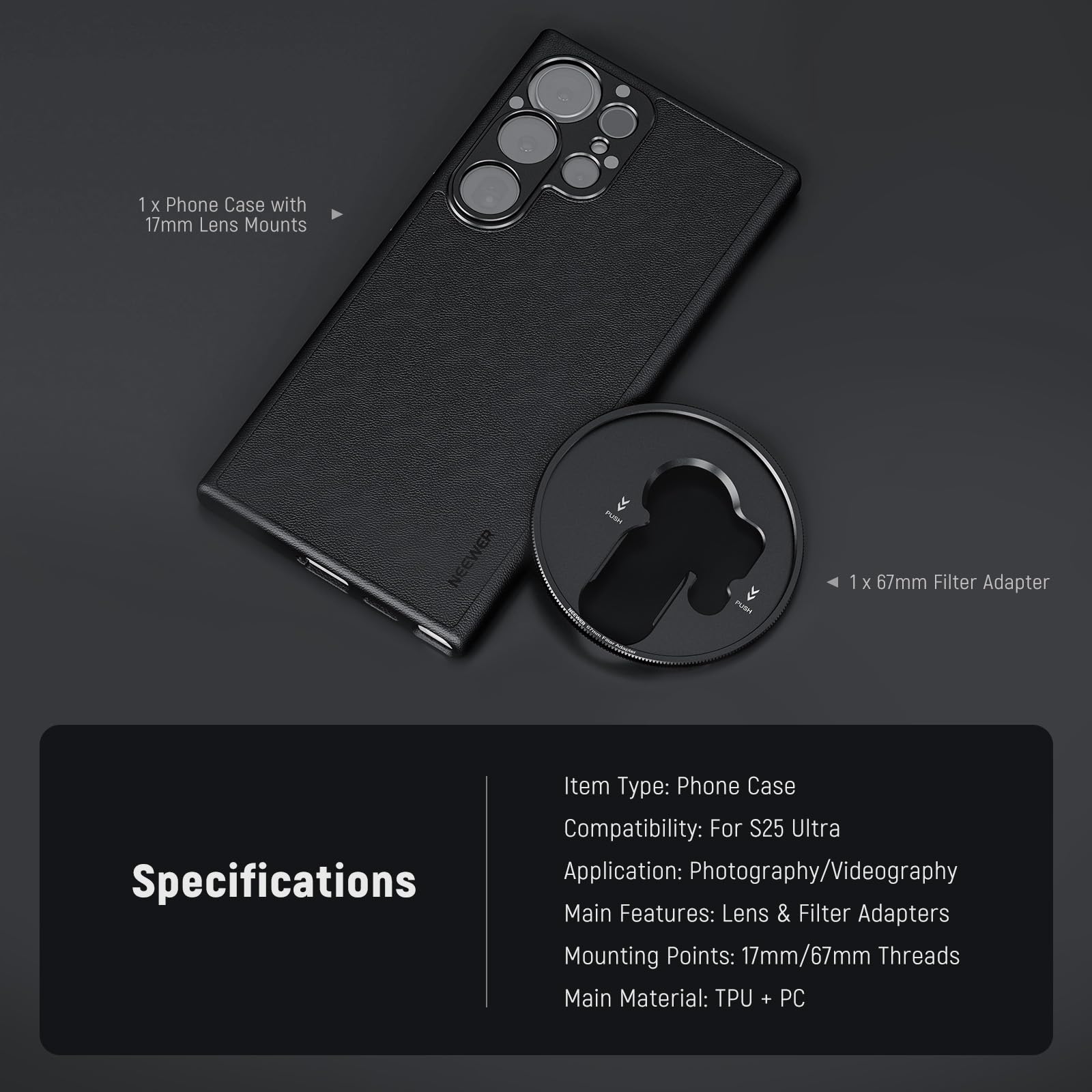 NEEWER S25 Ultra Case, Custodia Protettiva per Telefono in Pelle Artificiale con Attacchi Lenti 17mm Adattatore Filtro 67mm per Video, Compatibile con Samsung Galaxy S25 Ultra Ricarica MagSafe, PA092