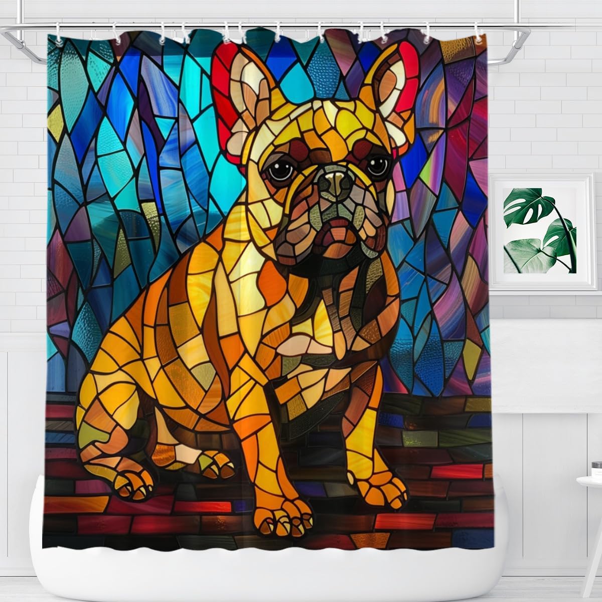 NGZ French Bulldog Shower Curtain 72x72 Inch Colorful Shower Curtain for Spring Painting Print Bath Curtains for Bathroom Home Decoration with 12 Hooks image 3