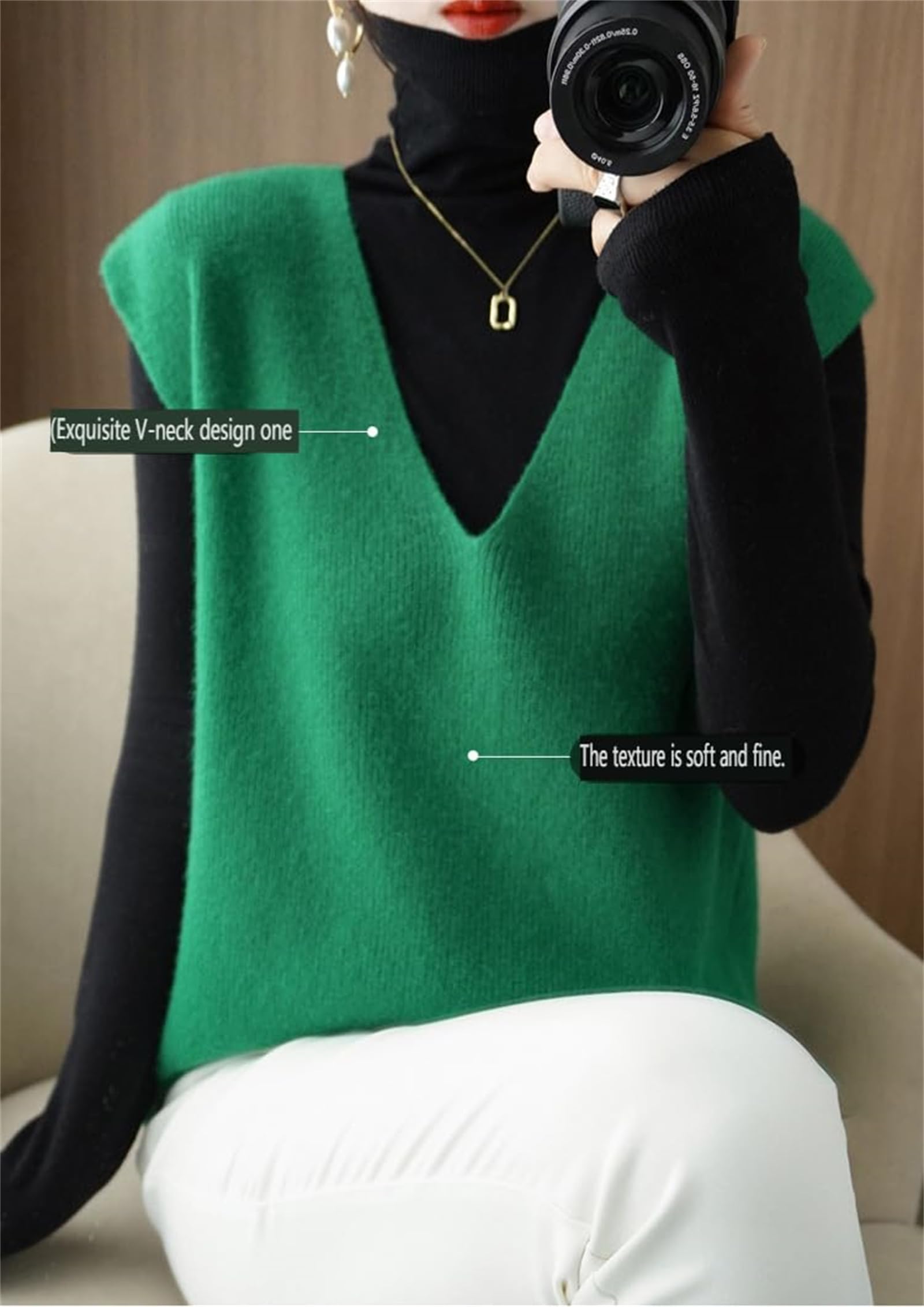 Strickweste für Damen, Kaschmir-Pullover, V-Ausschnitt, Schlitz, Kaschmir-Strick, ärmellos, lose Weste