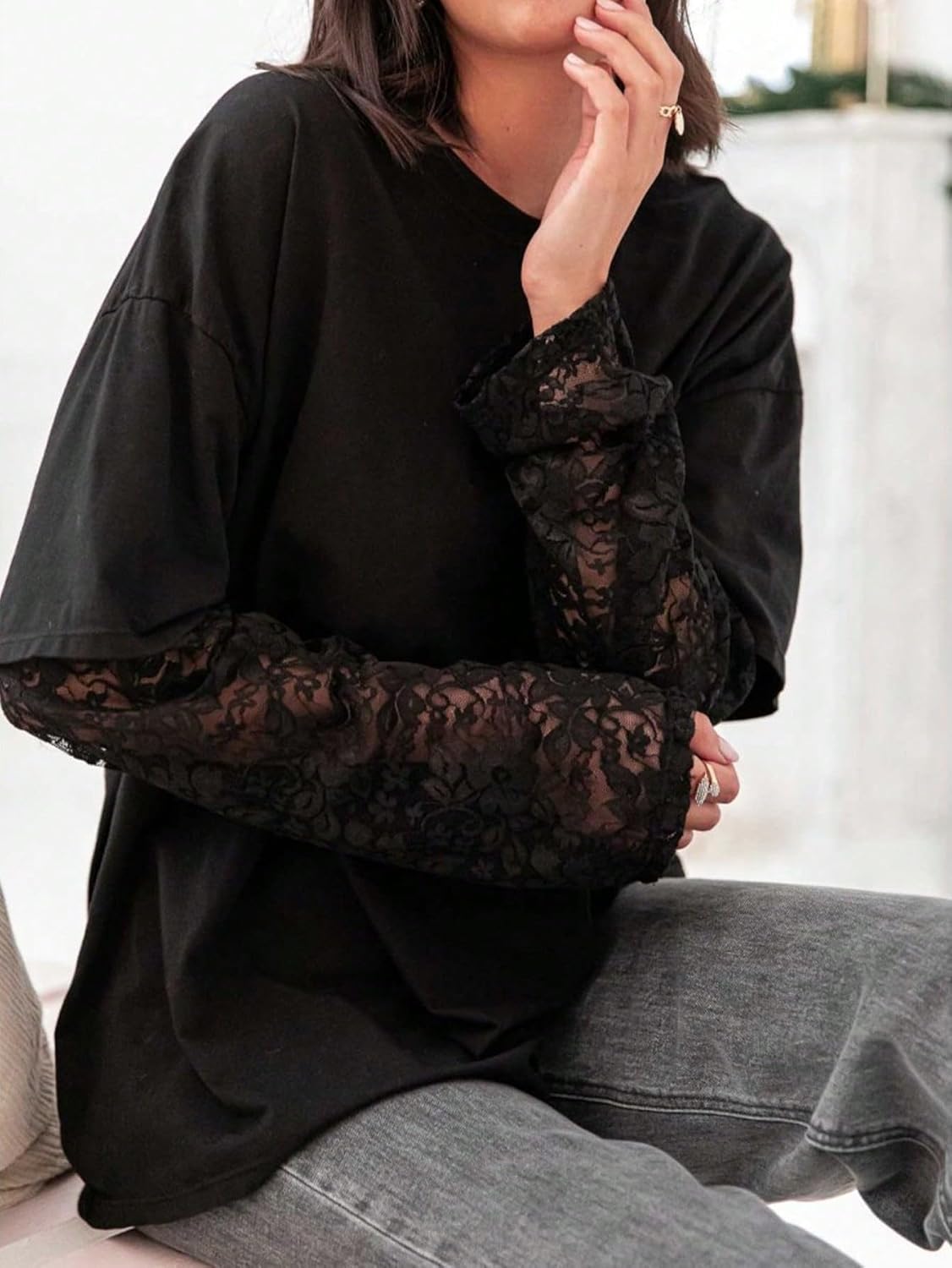 WDIRARA Women's Y2K Lace 2 in 1 Long Sleeve T Shirts Crewneck Loose Tops - Image 4