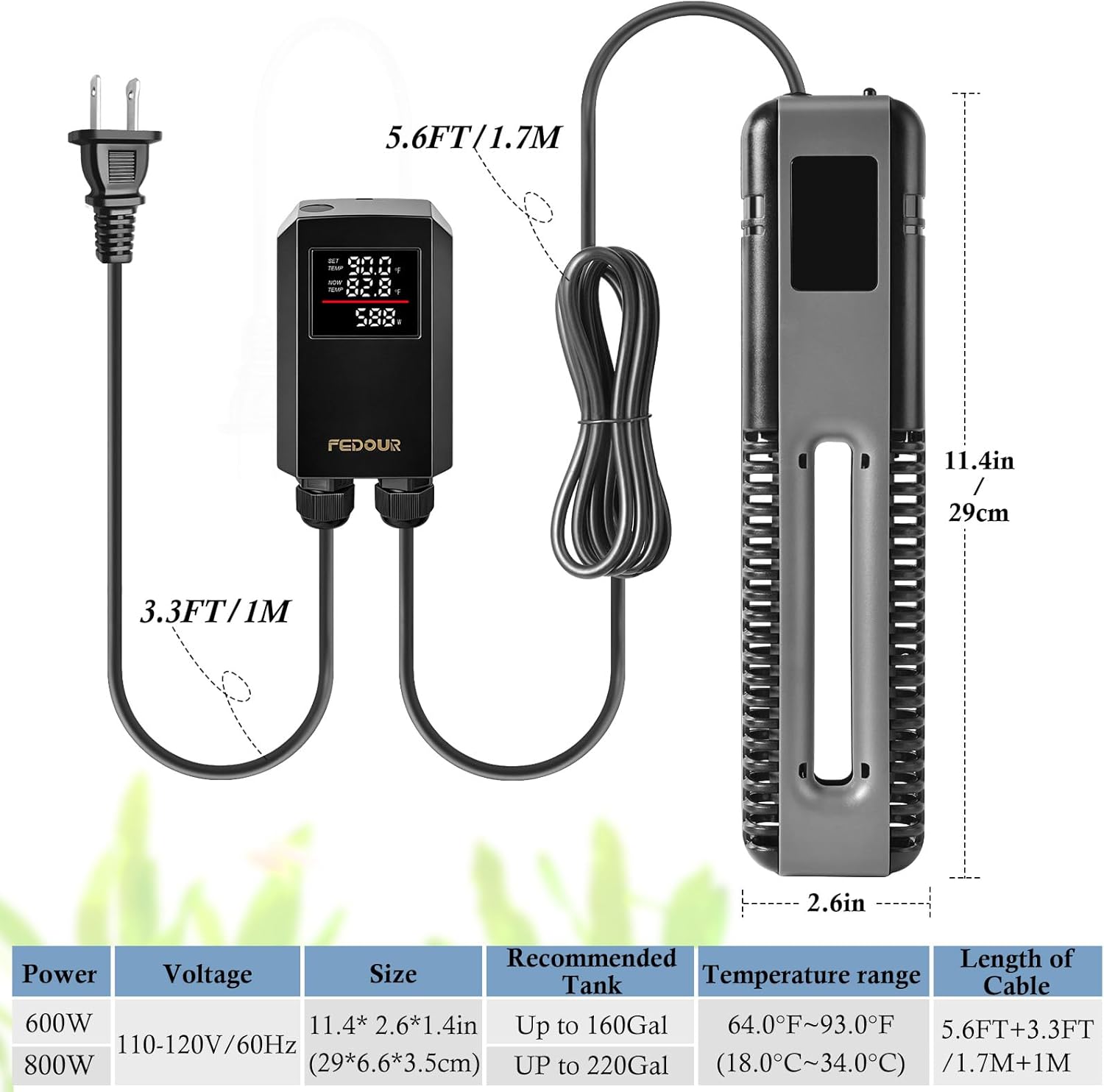 FEDOUR 600W 800W Titanium Aquarium Heater with Digital Controller, Submersible Aquarium Heater with Overheating Protection, for up to 220Gallon Fish and Turtle Tank (800W for up to 220Gal)
