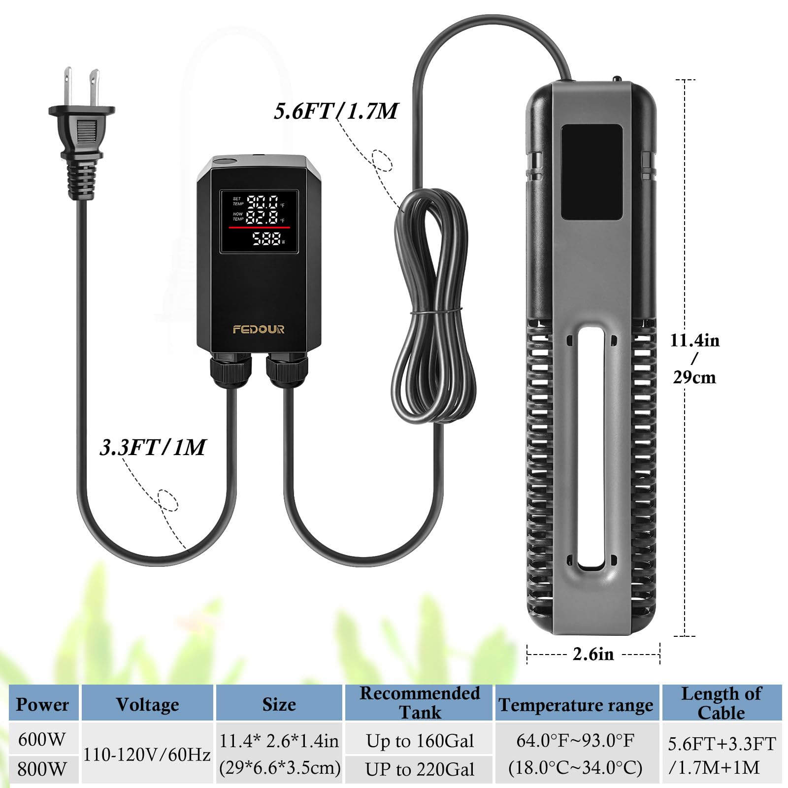 FEDOUR Calentador de acuario de titanio de 600 W y 800 W con controlador digital, calentador de acuario sumergible con protección contra sobrecalentamiento, para tanque de peces y tortugas de hasta