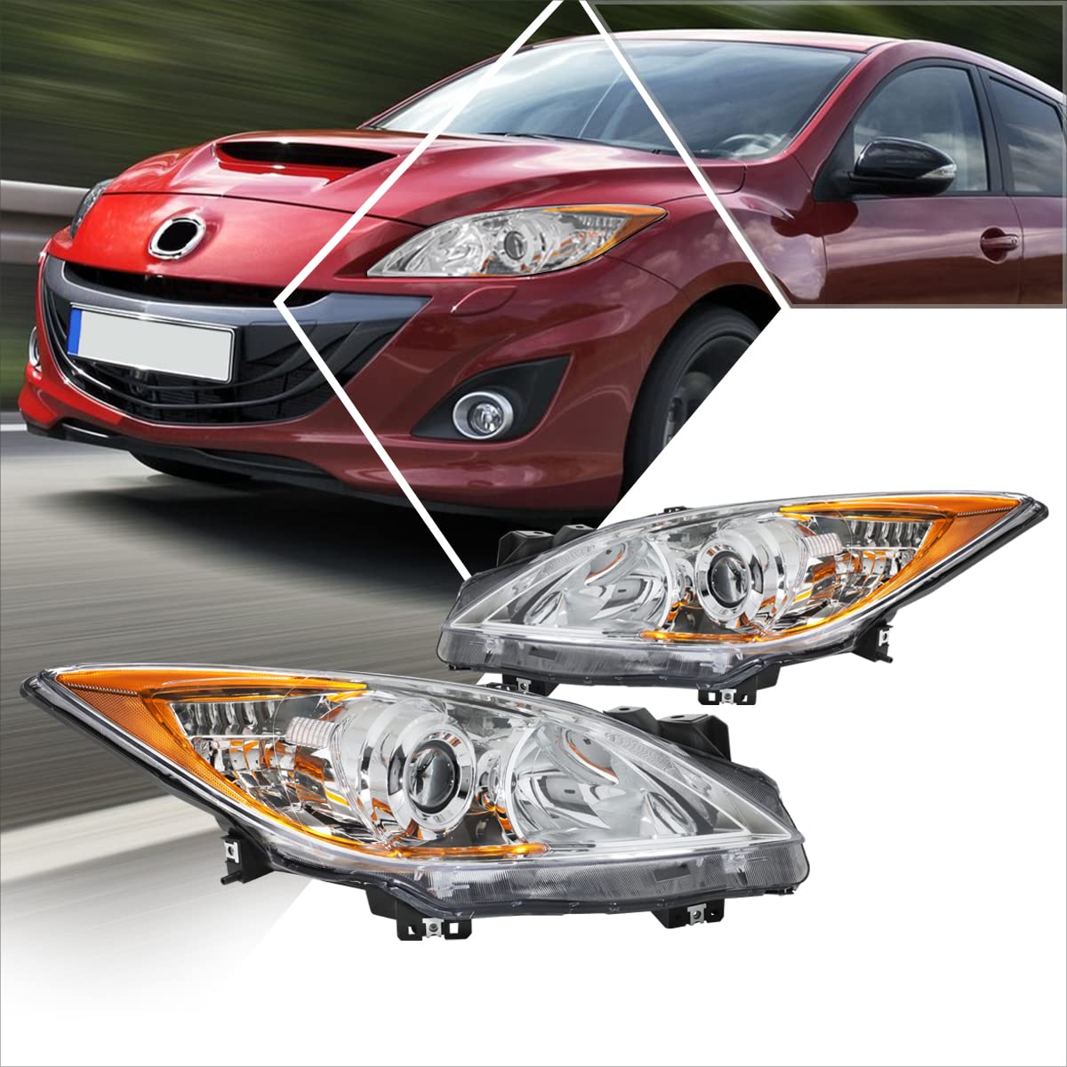 2Pcs Replacement Projector Headlights Assembly Compatible with 10-13 Mazda 3,Chrome Housing/Amber Corner