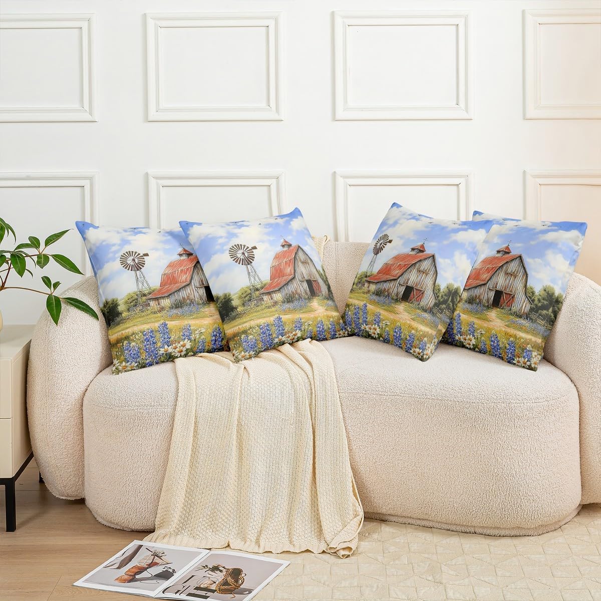 Erosebridal Pack of 2 Rustic Farmhouse Pillow Covers Red Barn Surrounded by Bluebonnets & Windmill Throw Pillow Covers,Farmhouse House Decor,24x24 Inch