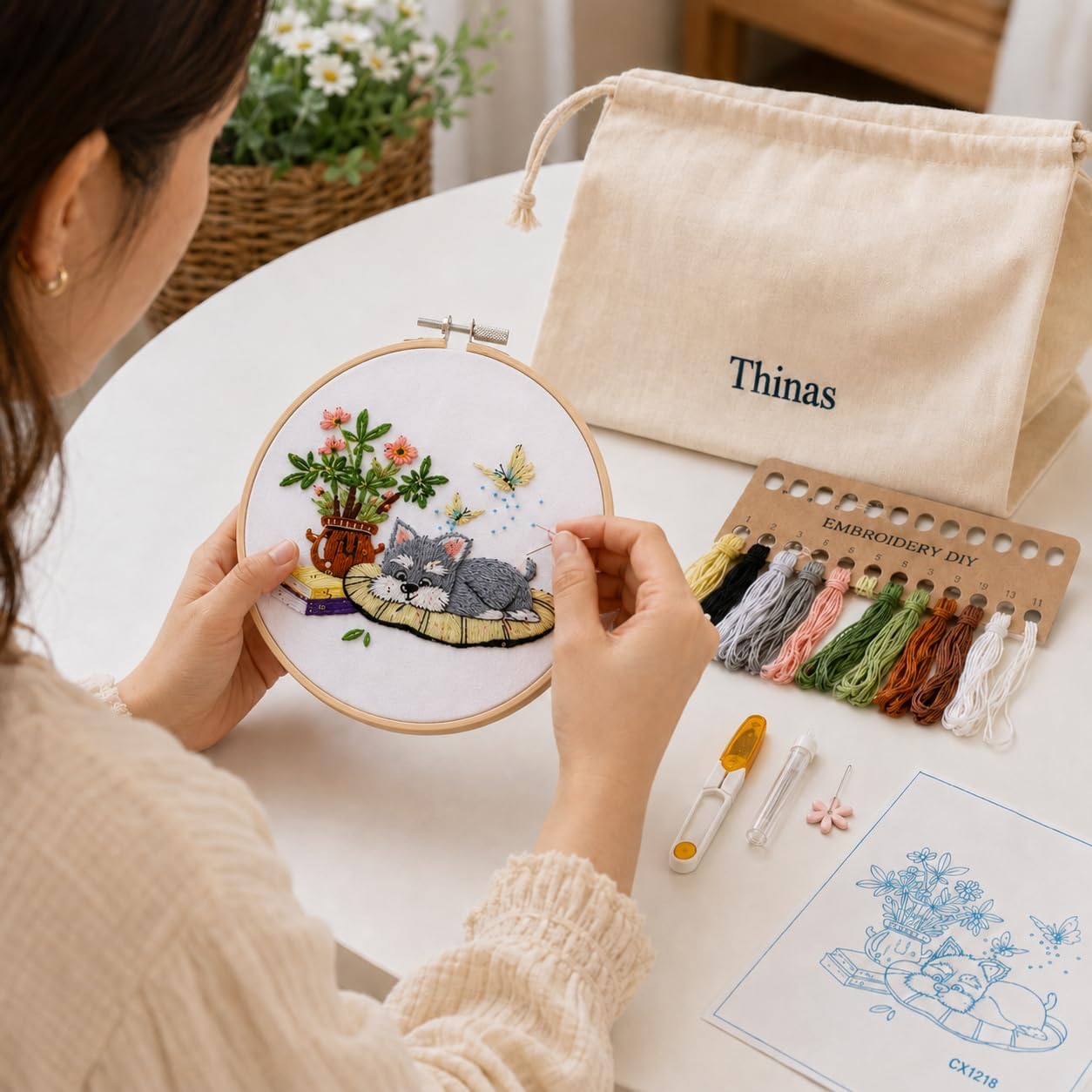 Thinas Embroidery Kit for Beginners Adults, 3 Pack Stamped Dog Embroidery Starter Set with Patterns & Video Tutorial, DIY Sewing Craft Supplies for Dog Lovers, Home Decor Gift Idea