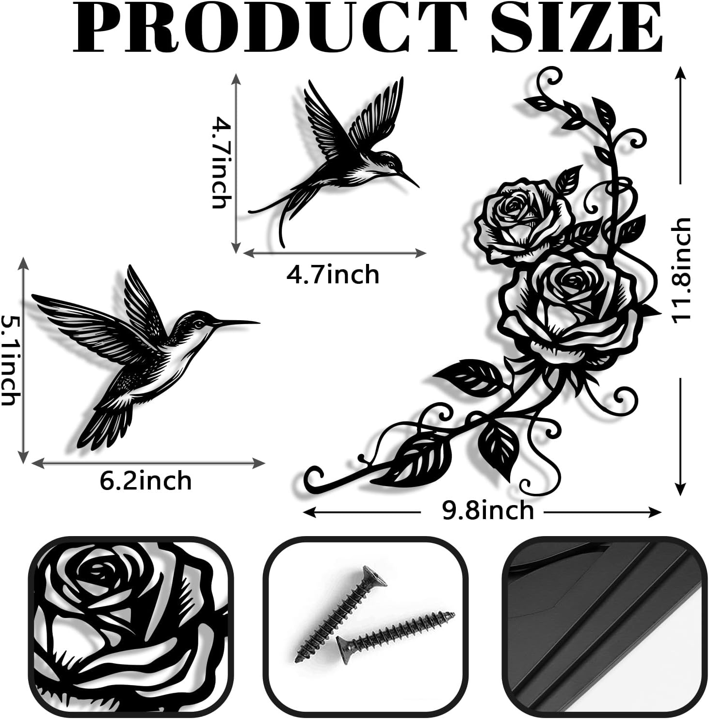 Pinetree Art Flowers and Birds Metal Wall Art Black Hummingbird Rose Set of 3 for Modern Farmhouse Living Room Bedroom Bathroom Kitchen Home Office DIY Decoration