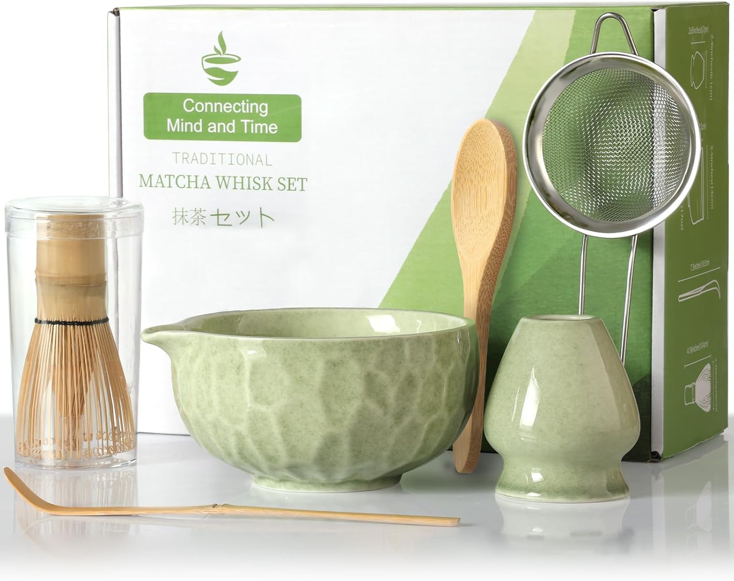 Matcha whisk Set,Japanese Matcha Set,Matcha Bowl with Spout,Matcha Whisk and Holder,Bamboo Scoop,Sifter - 6 Pcs Tea Set for Matcha Lover,Tea Ceremony(Green)