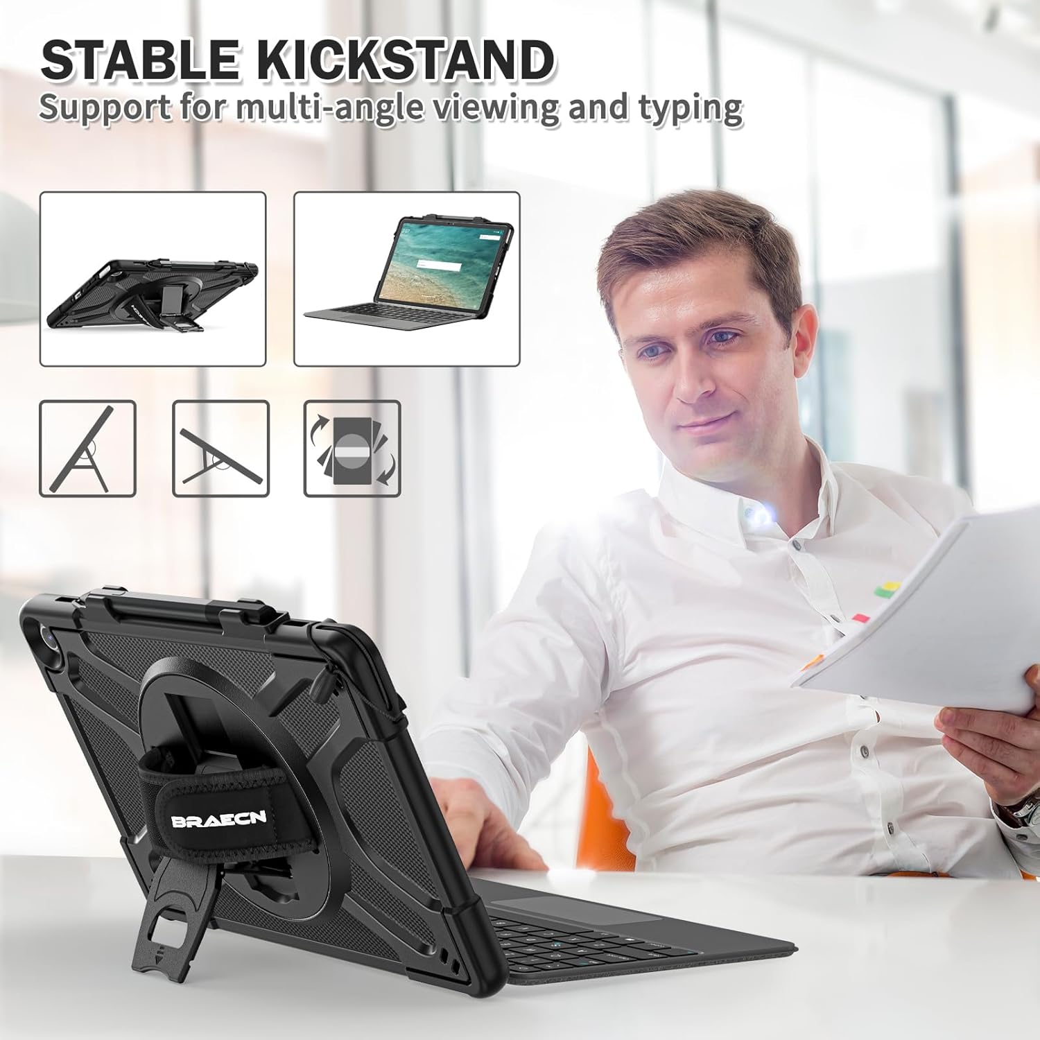 BRAECNstock for Amazon Fire Max 11 Tablet Case (13th Generation, 2023 Release) 11'' Protective Case with [Rotating Hand Strap] & Stand, Pen Holder, Compatible with Type Cover Keyboard, Black