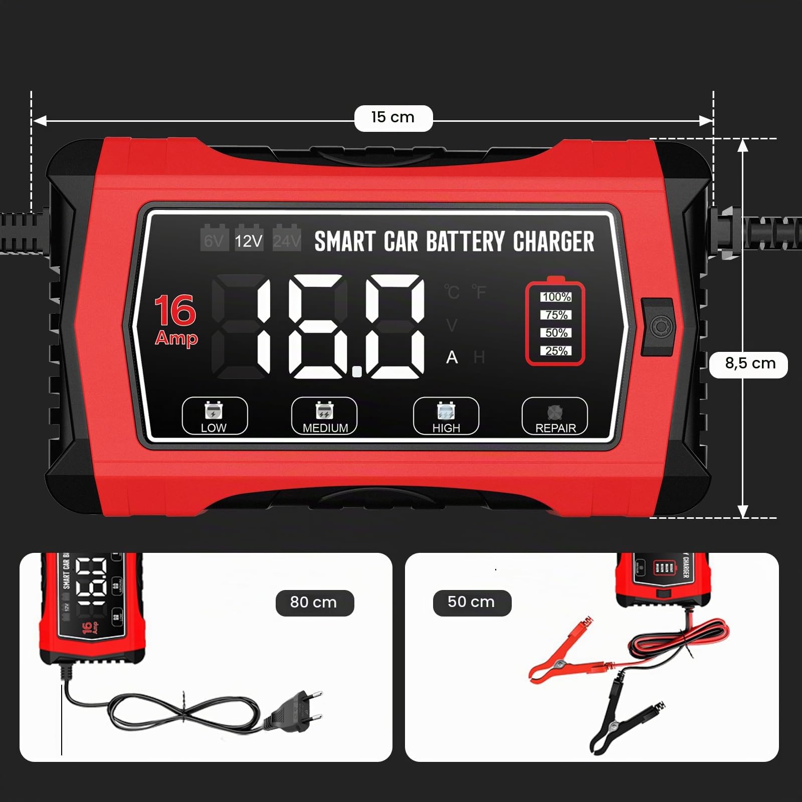 Haisito Caricabatterie per Auto 16A, Caricabatterie Automatico Intelligente 6V/12V/24V per Batterie al Piombo (AGM/GEL/SLA/EFB) e LiFePO4, Mantenitore a 10 Stadi con Schermo LCD per Auto, Moto