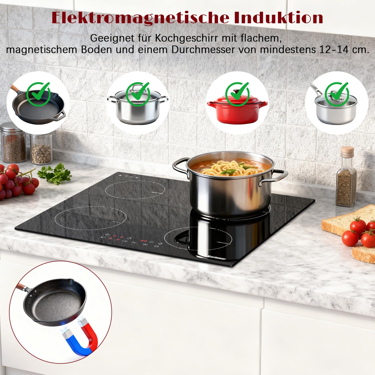 Karinear Einbau-Küchenset, 60 cm Induktionskochfeld 4 Platten 3500W & 60L Backofen Umluft 2200W, Touch/Drehknopf, Kindersicherung, Timer, Energieklasse A, 220-240V mit Stecker