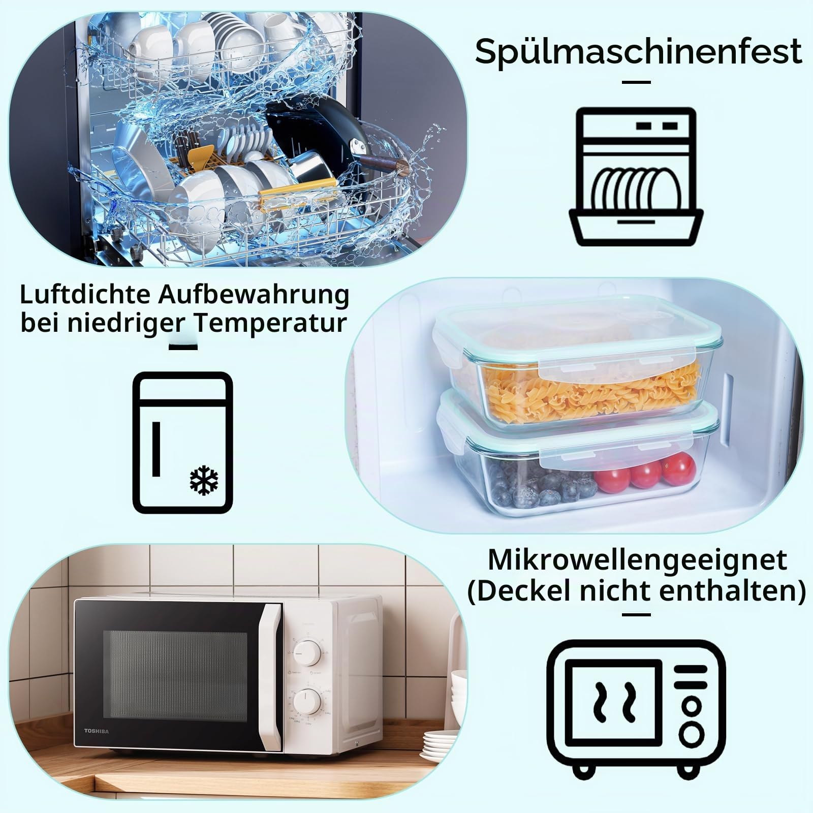 LXUDN Glasbehälter mit Deckel 4 x 1520ML - Glasdose mit Deckel BPA-Frei - Vorratsdosen Glas mit Deckel Mikrowelleengeschirr - Frischhaltedosen Glas mit Deckel Glasschüssel Set Aufbewahrungsbox Glas
