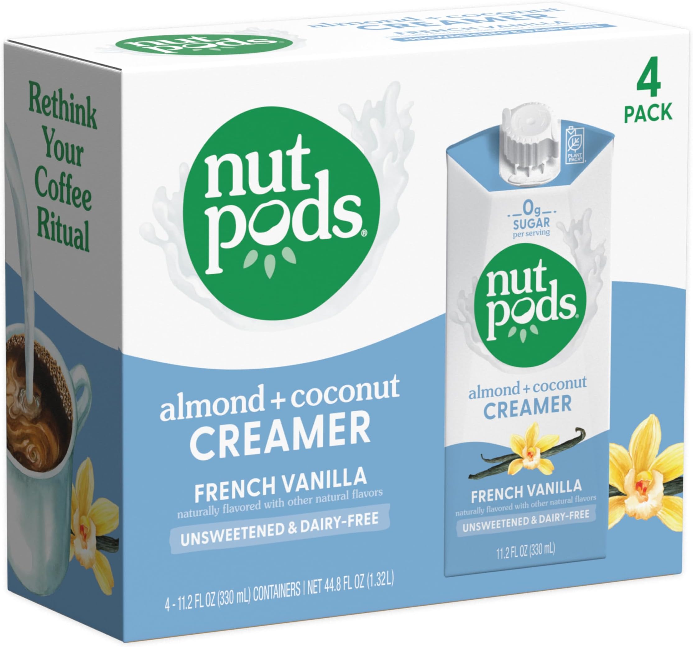 French Vanilla Creamer - Unsweetened Non Dairy Made from Almonds and Coconuts - Keto Creamer, Whole30, Gluten Free, Non-GMO, Vegan, Sugar Free, Kosher (4-Pack)